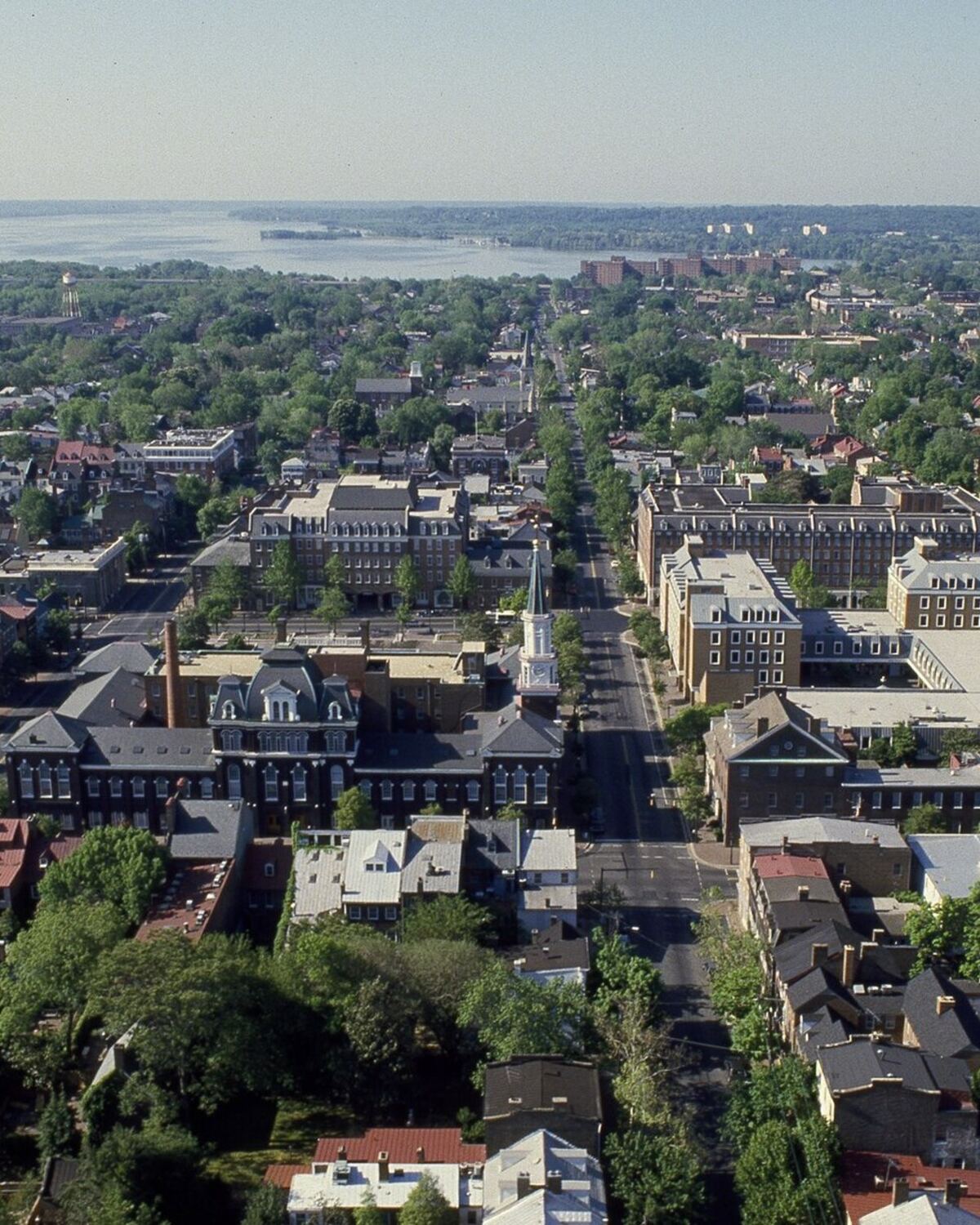 An aerial view toward the Potomac and the surrounding cities